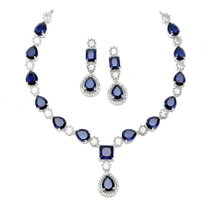 Royal Blue Sapphire Drop Necklace & Earrings Jewelry Set